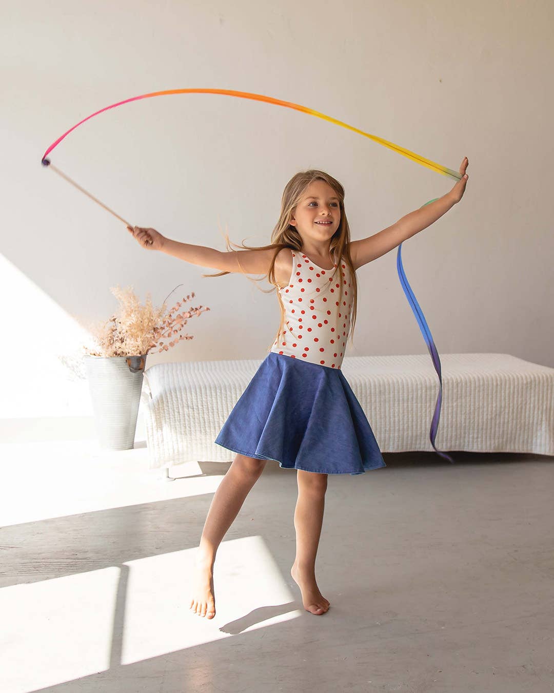 Rainbow Silk & Wood Streamer - Wand for Pretend Play